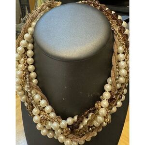 CAROLEE Gold Warm Tone Multi Strand Torsade Collar Necklace Crystal Faux Pearl 1